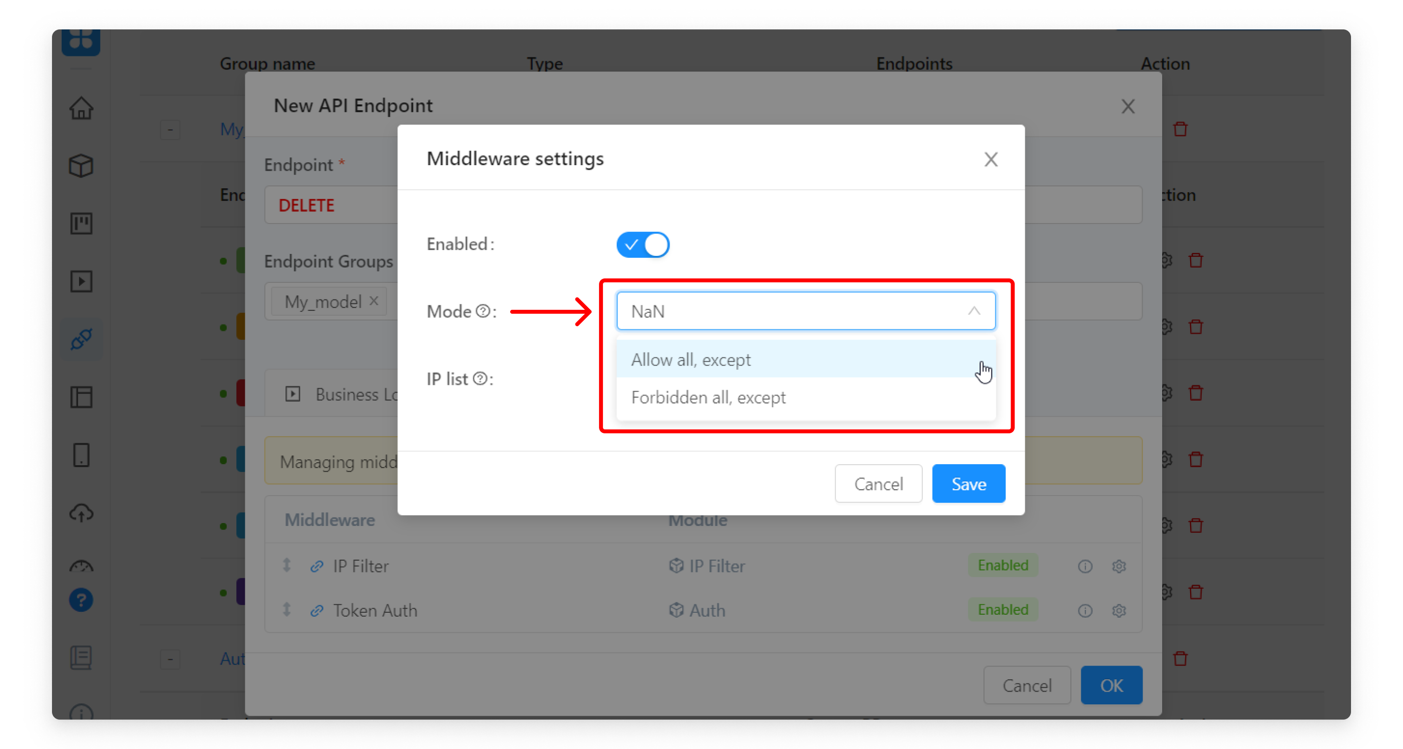 Access Settings for middleware IP Filter AppMaster.io